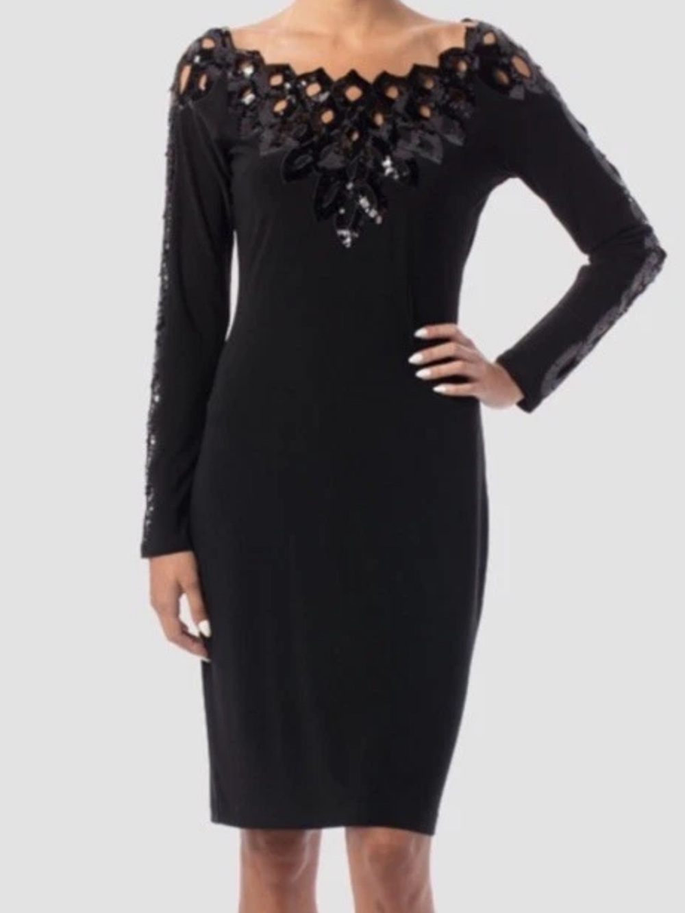 Joseph Ribbcoff black long-sleeve sheath dress ornate sequin cutout elegant 10
